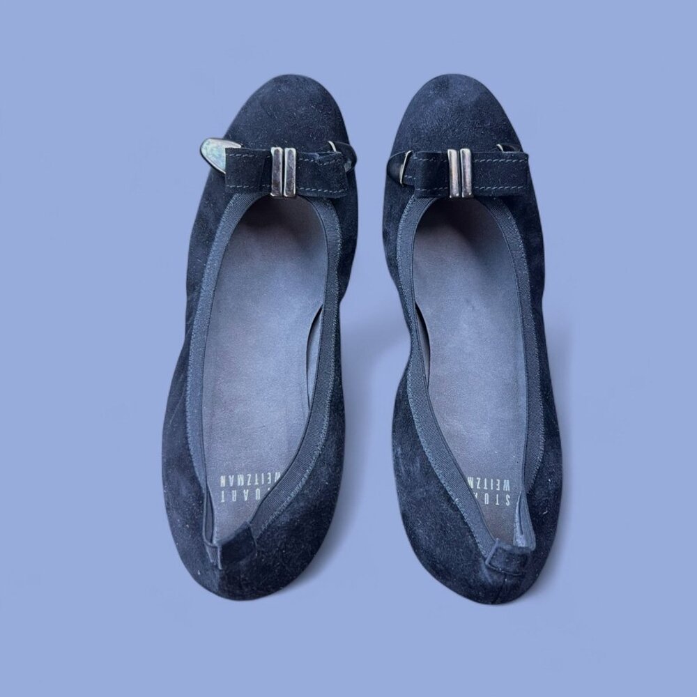 Stuart Weitzman Womens Black Suede Bow Flats Size 8 Comfortable & Stylish